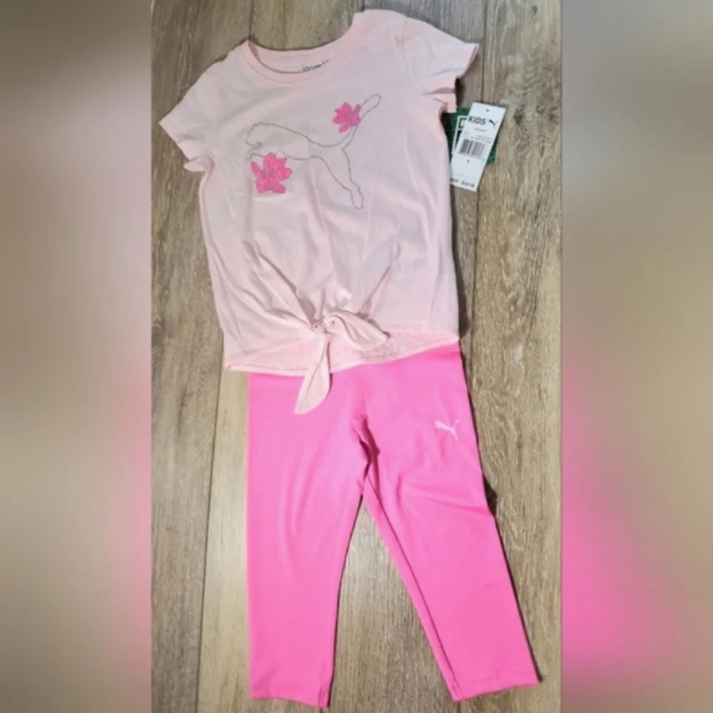 Little girl's Puma dark pink capri leggings and light pink tie-front tee Size 5